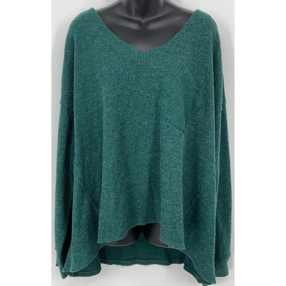 NY Collection Plus Size 2X Green Knit Sweater V-Neck Lagenlook Long Sleeve New